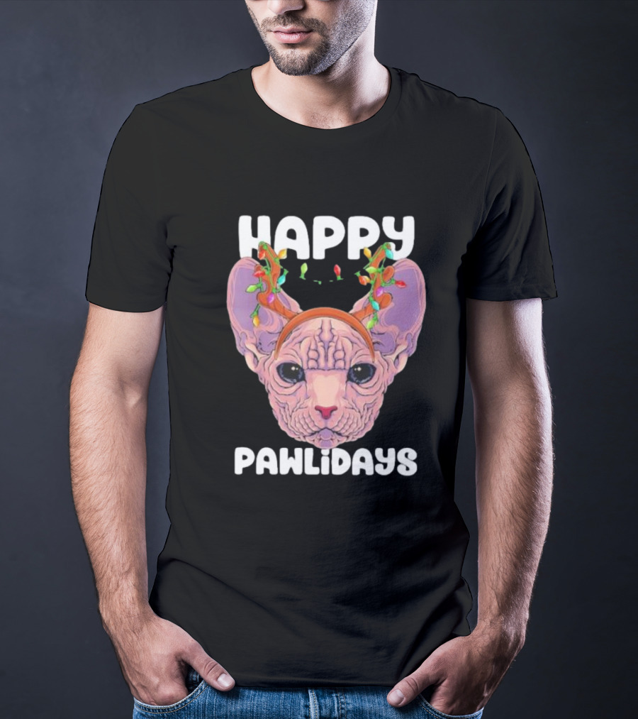 Happy Pawlidays Sphynx Cat With Christmas Lights T-Shirt