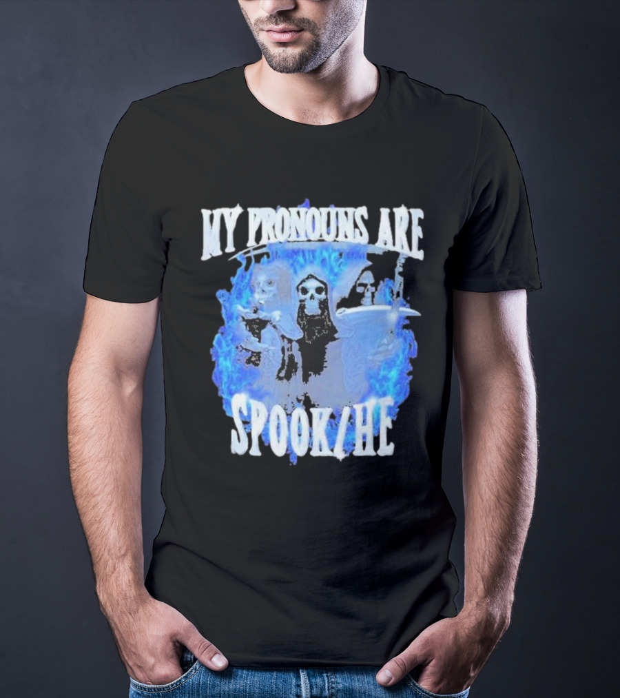 My Pronouns Are Spook He Blue Flames Grim Reaper Trio T-Shirt