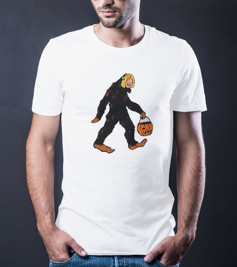 Mystical Halloween Sasquatch Holding Pumpkin Bucket Spooky Costume T-Shirt