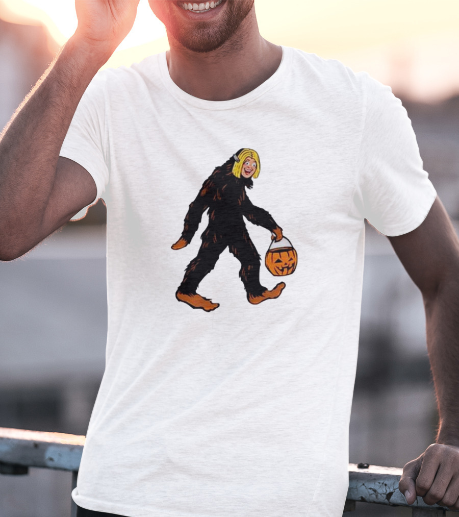 Mystical Halloween Sasquatch Holding Pumpkin Bucket Spooky Costume T-Shirt