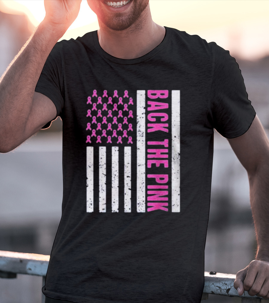 Back The Pink Breast Cancer Awareness American Flag Ribbons T-Shirt