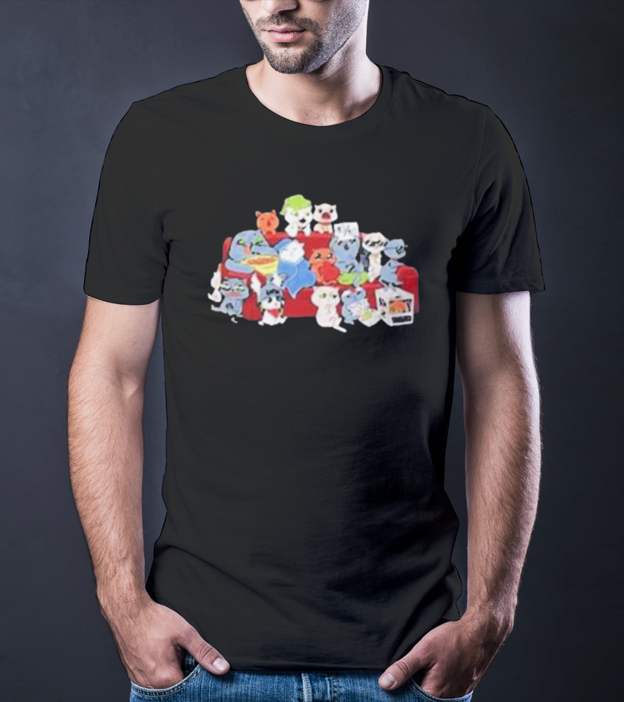 Lirik Couch Gang Cat Characters On Red Sofa With Snacks T-Shirt