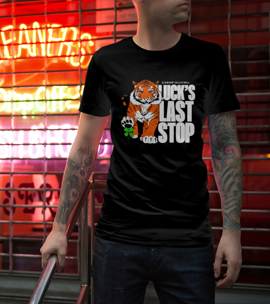 Clemson Volleyball Tiger Luck's Last Stop Tiger Paw With Clover T-Shirt