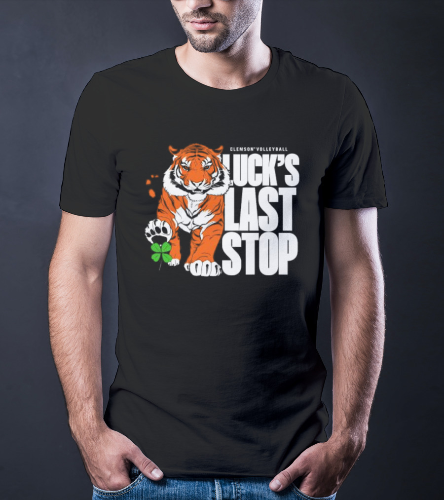 Clemson Volleyball Tiger Luck's Last Stop Tiger Paw With Clover T-Shirt
