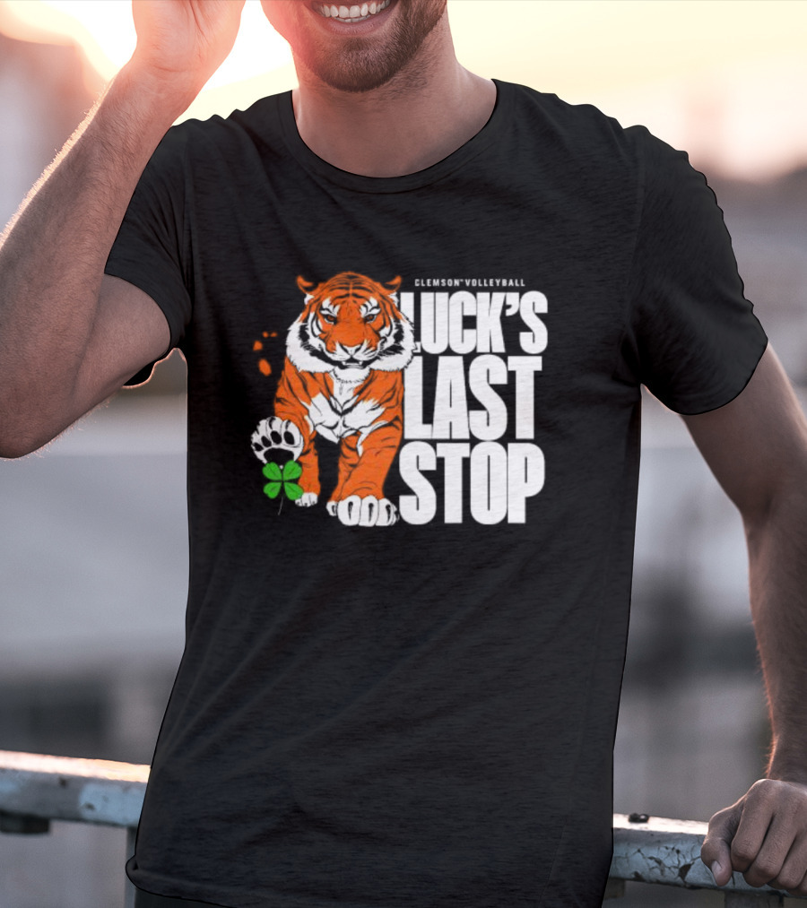 Clemson Volleyball Tiger Luck's Last Stop Tiger Paw With Clover T-Shirt