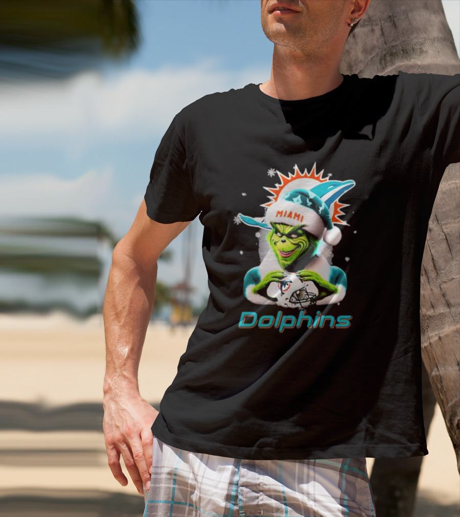 Miami Dolphins Christmas Grinch Santa Hat T-Shirt