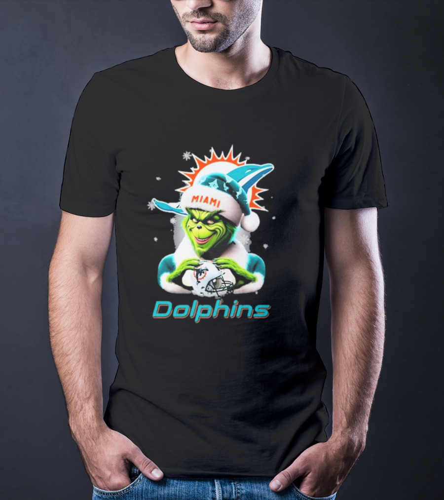 Miami Dolphins Christmas Grinch Santa Hat T-Shirt