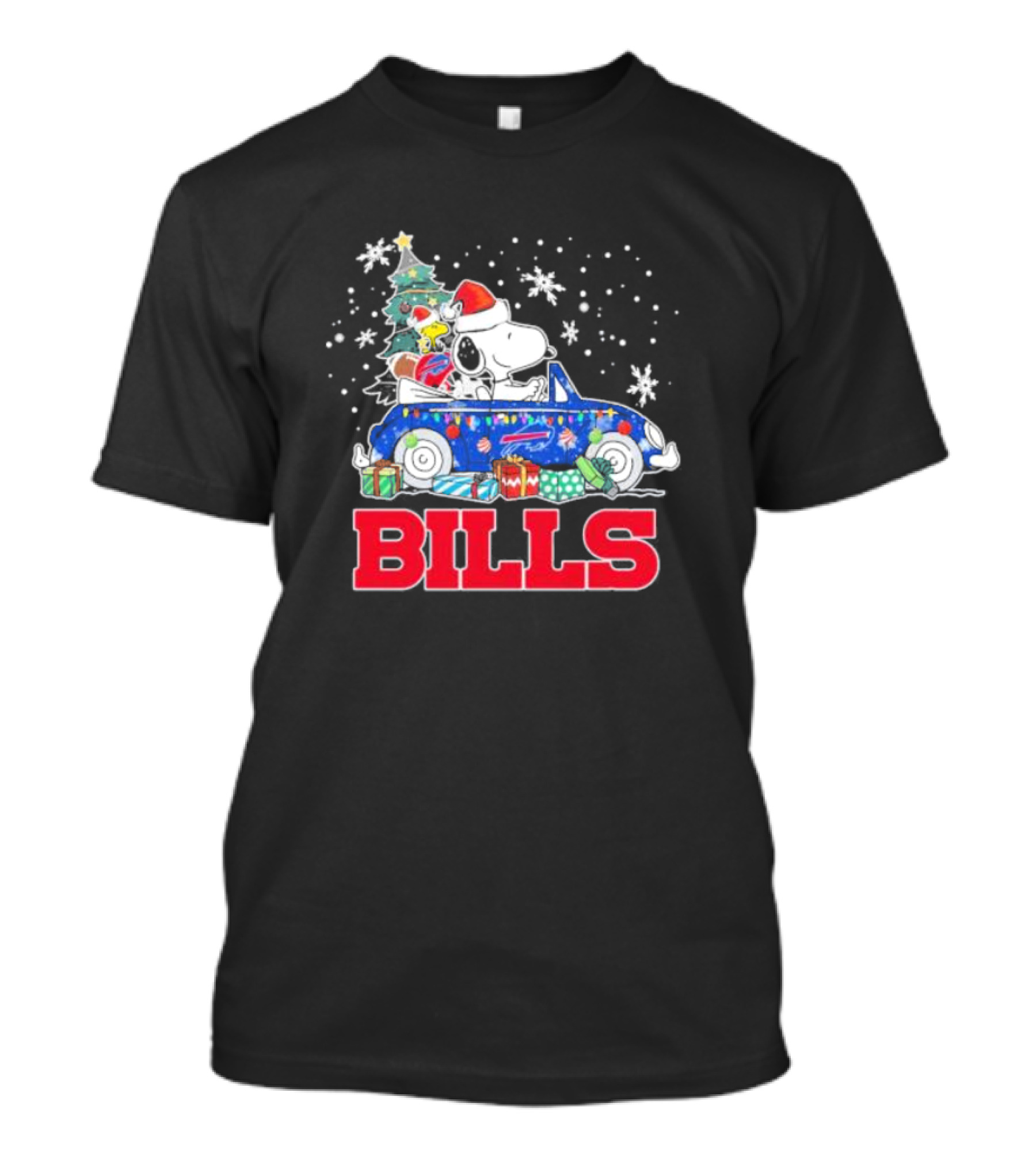 Peanuts Snoopy Woodstock Christmas Car Buffalo Bills Flag Winter Snowflakes T-Shirt