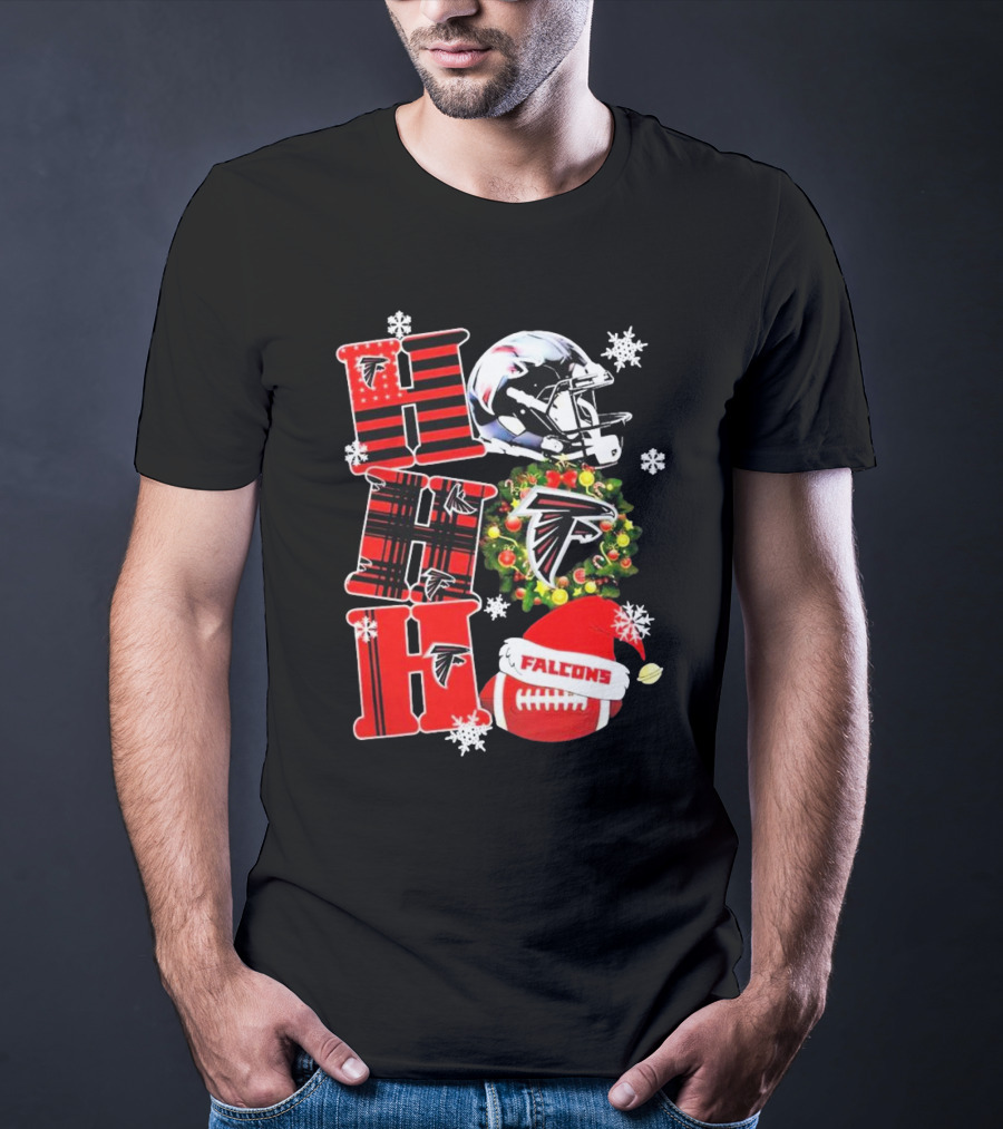 Atlanta Falcons Ho Ho Ho Merry Christmas Helmet Wreath Snowflakes Football Holiday T-Shirt
