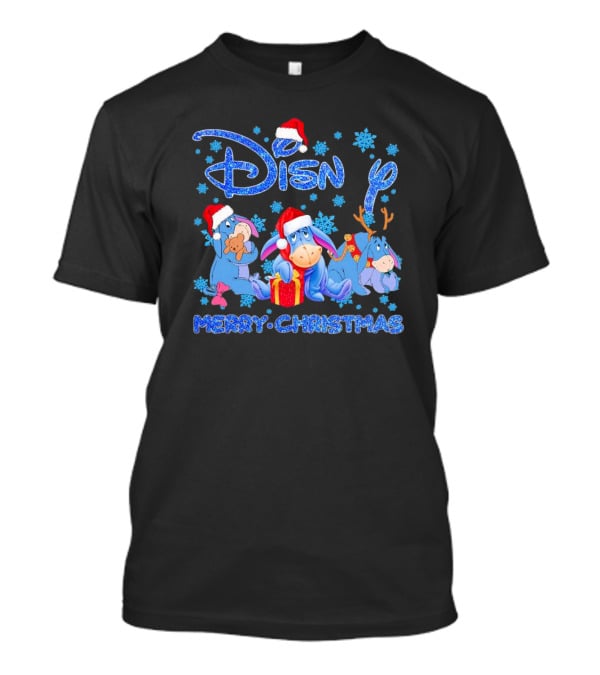 Disney Eeyore Santa Hat Winnie-the-Pooh Merry Christmas Snowflakes T-Shirt
