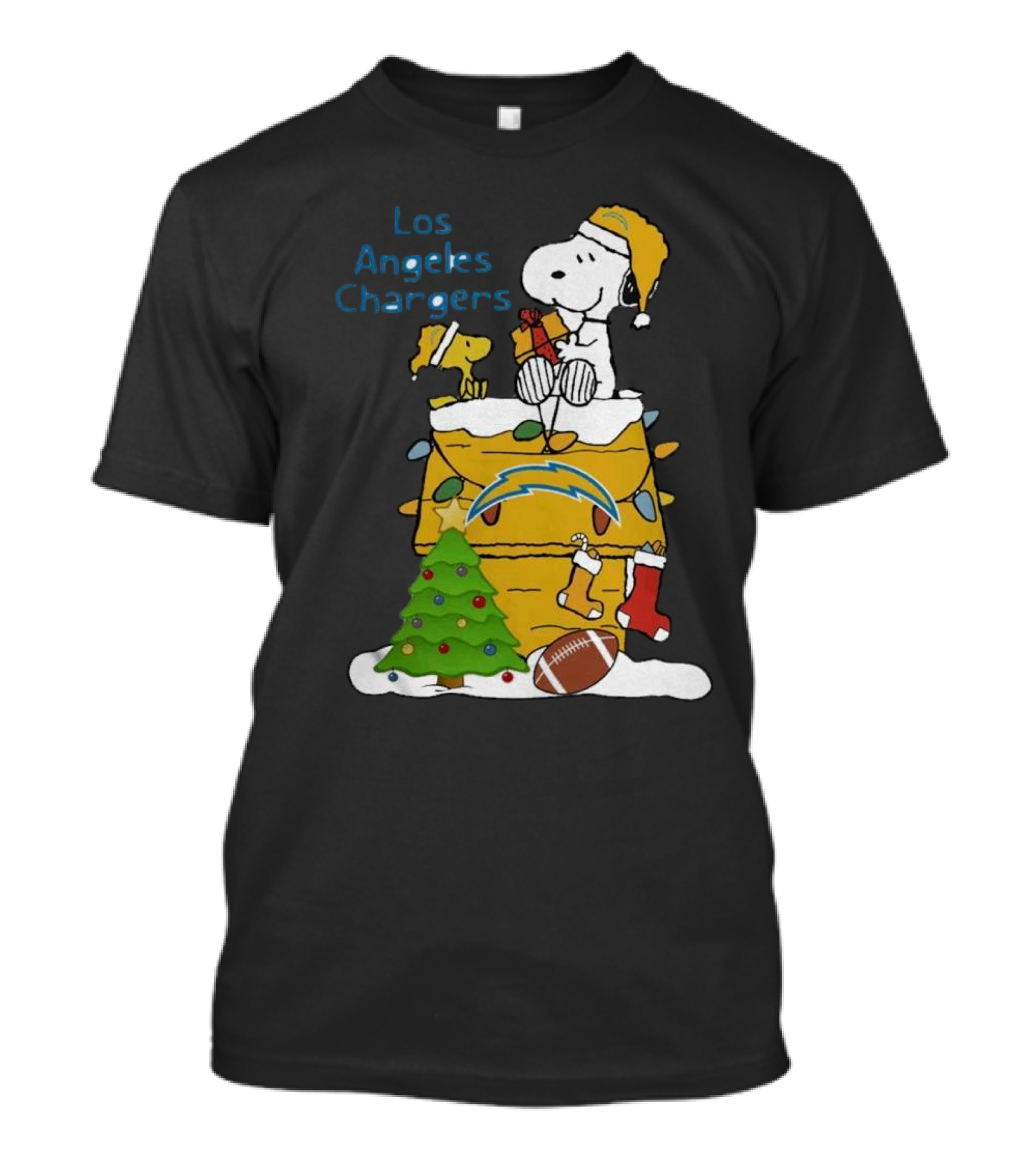 Santa Snoopy Woodstock Los Angeles Chargers Christmas Tree Football Socks T-Shirt