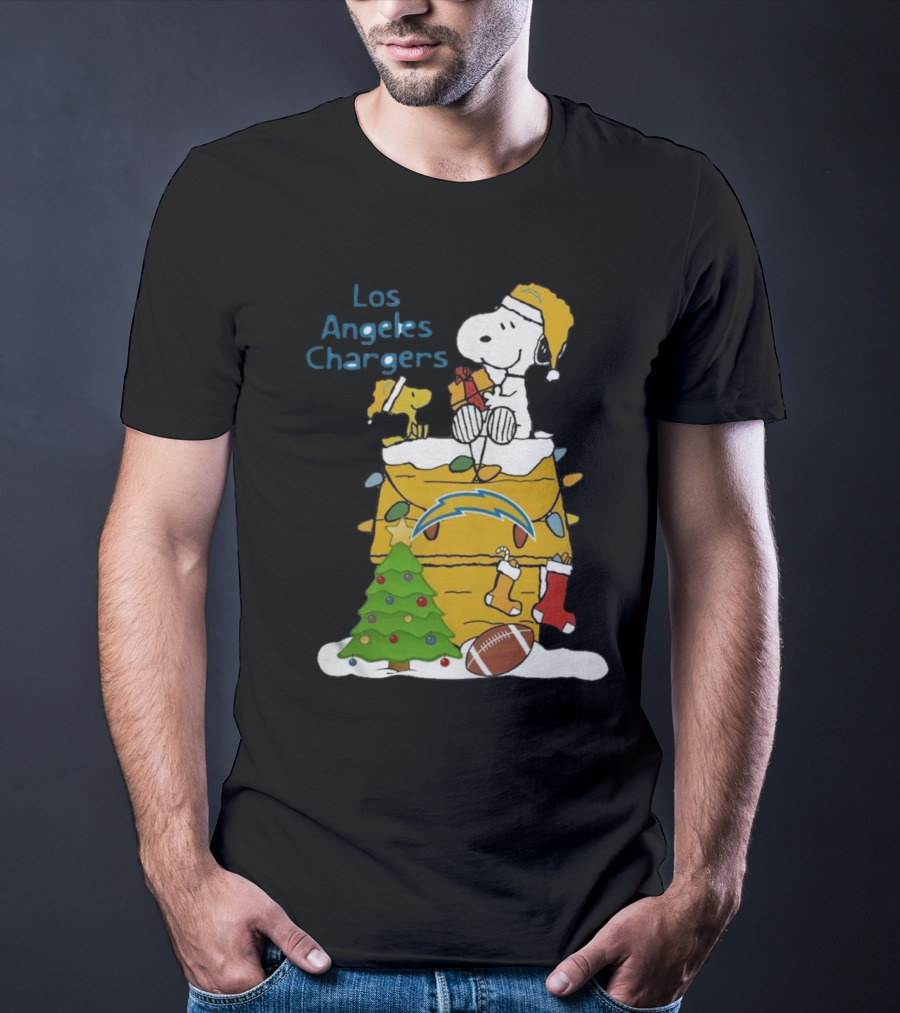 Santa Snoopy Woodstock Los Angeles Chargers Christmas Tree Football Socks T-Shirt