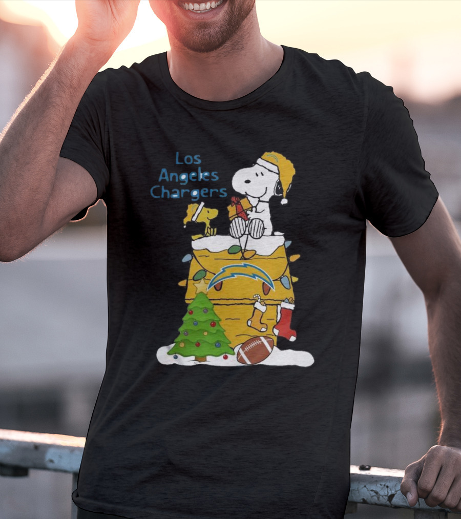 Santa Snoopy Woodstock Los Angeles Chargers Christmas Tree Football Socks T-Shirt