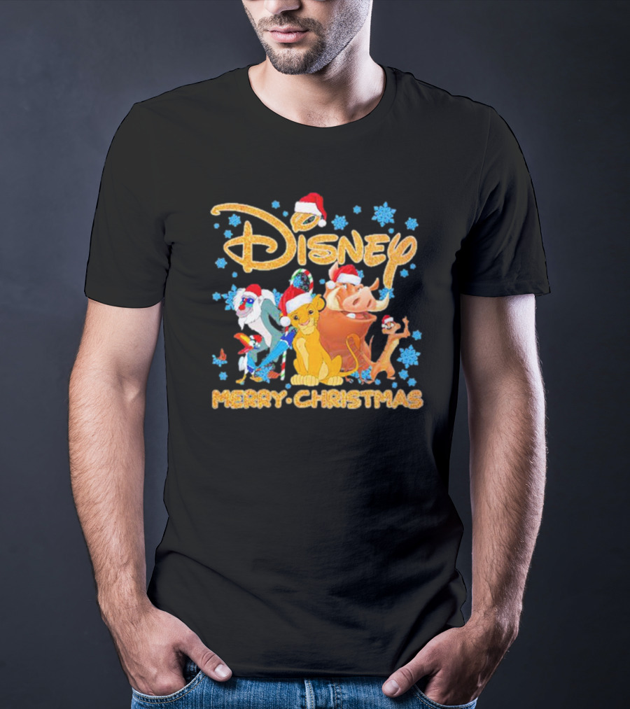 Disney Merry Christmas The Lion King Characters Santa Hats Snowflakes T-Shirt