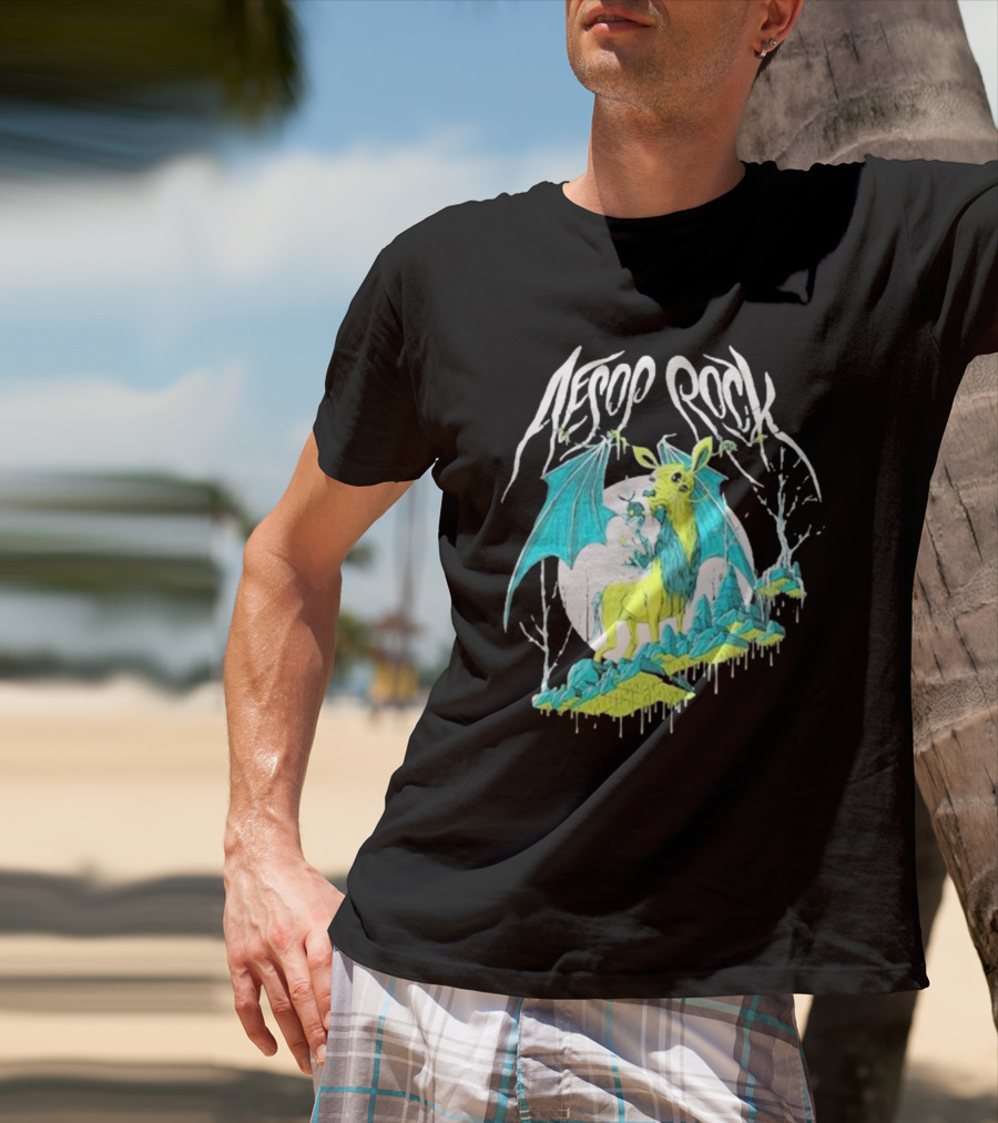Aesop Rock Mythical Creature With Bat Wings And Moon Background T-Shirt
