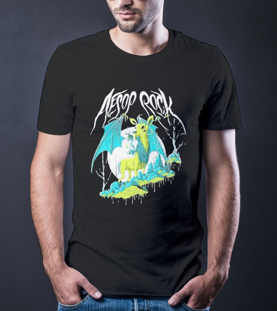Aesop Rock Mythical Creature With Bat Wings And Moon Background T-Shirt