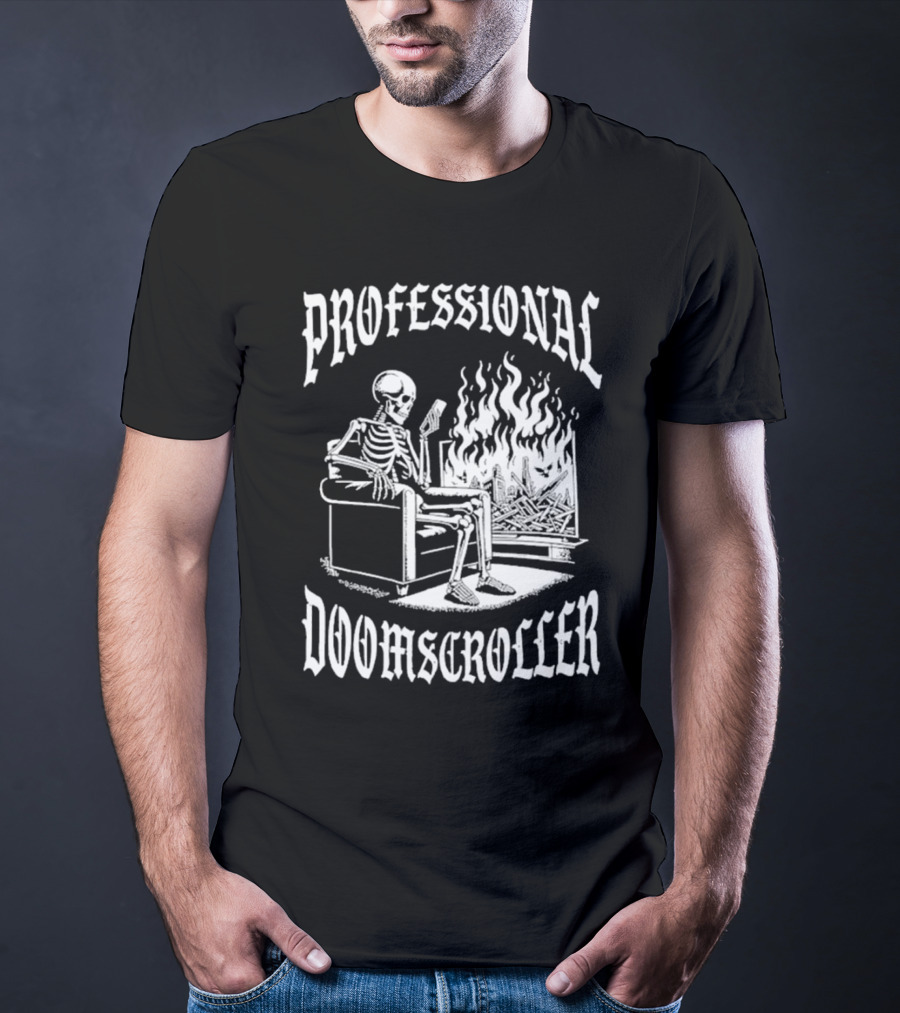 Professional Doomscroller Skeleton By Fireplace T-Shirt
