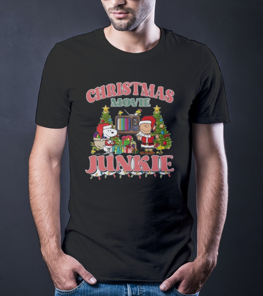 Christmas Movie Junkie Snoopy And Charlie Brown Festive TV Scene T-Shirt