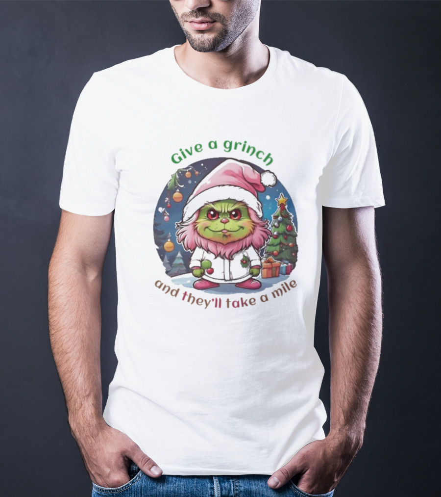 Chibi Pink Grinch Christmas Scene Give A Grinch And They’ll Take A Mile T-Shirt