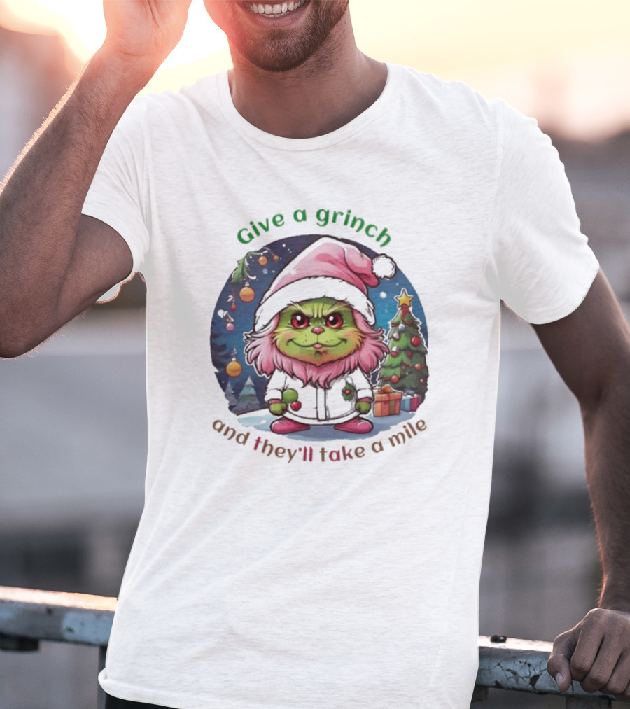 Chibi Pink Grinch Christmas Scene Give A Grinch And They’ll Take A Mile T-Shirt