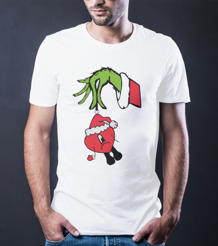 Grinch Hand Holding Santa Hat Bad Bunny Xmas T-Shirt