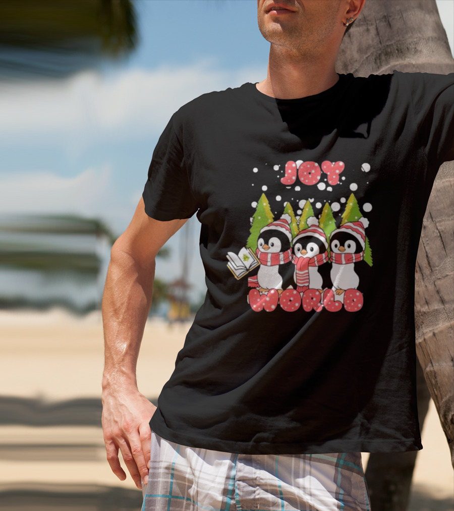Joy World Penguins Singing With Trees And Snowflakes T-Shirt