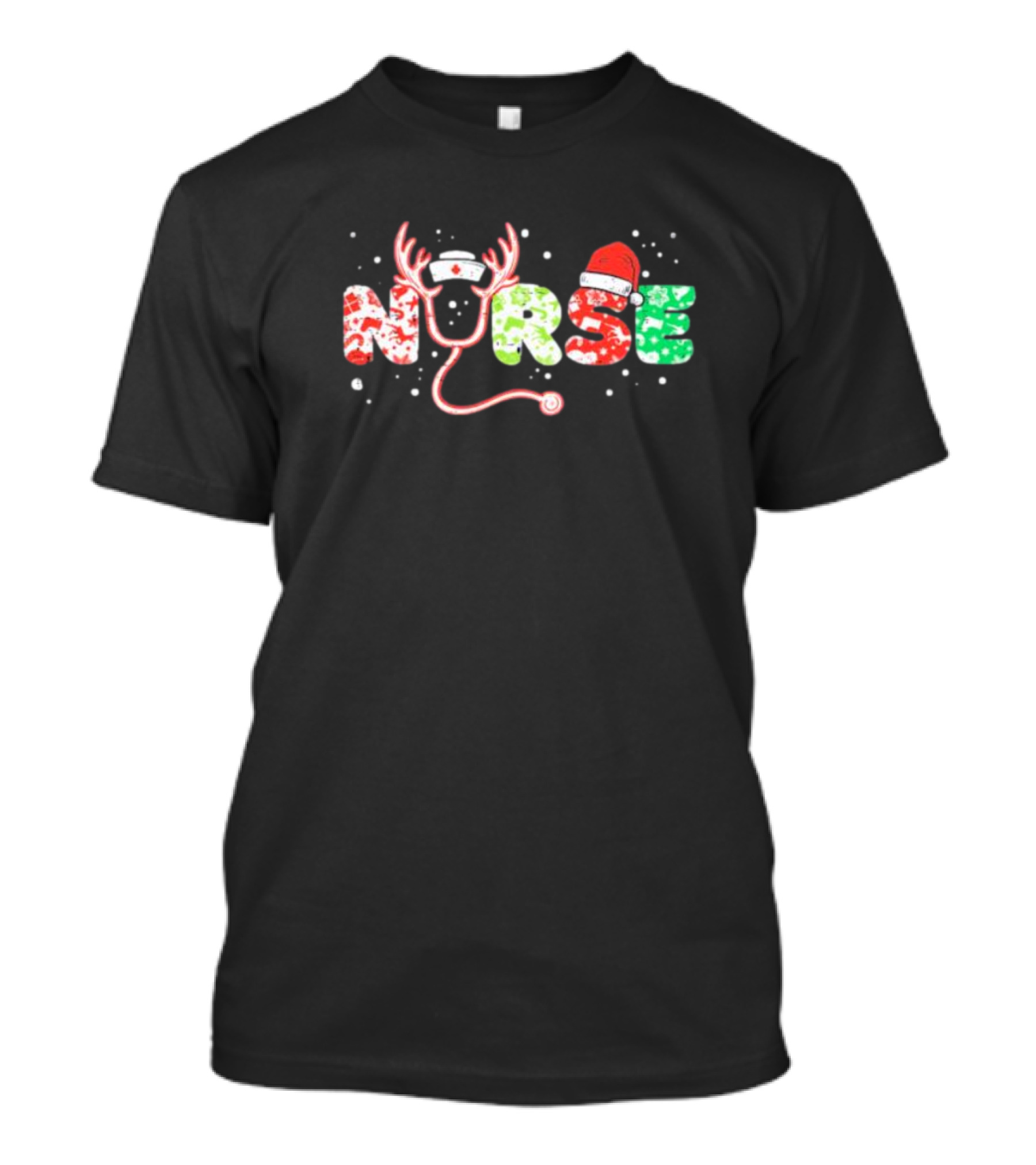 Nurse Christmas Stethoscope Reindeer Hat Festive Xmas Scrub Top T-Shirt