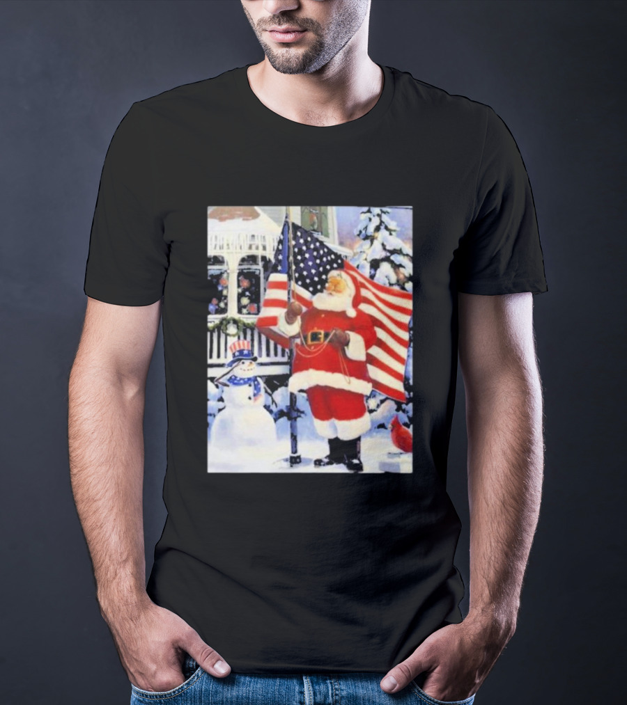 Santa Claus And Snowman With American Flag In Winter Scene T-Shirt