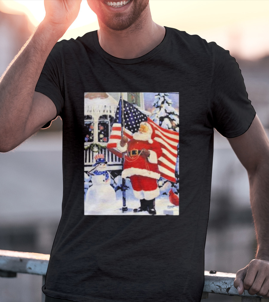 Santa Claus And Snowman With American Flag In Winter Scene T-Shirt