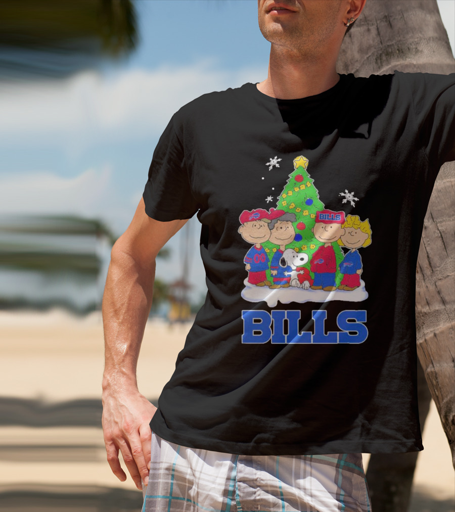 Peanuts Characters With Buffalo Bills Christmas Tree And Snowflakes T-Shirt