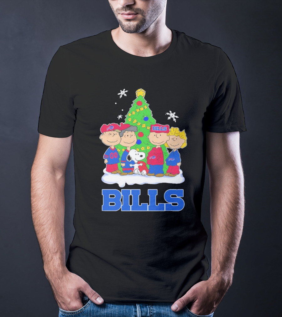 Peanuts Characters With Buffalo Bills Christmas Tree And Snowflakes T-Shirt
