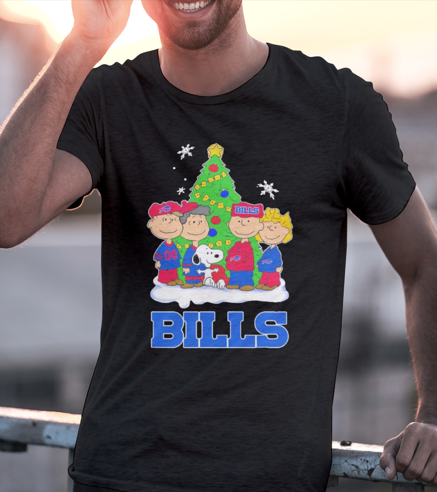 Peanuts Characters With Buffalo Bills Christmas Tree And Snowflakes T-Shirt