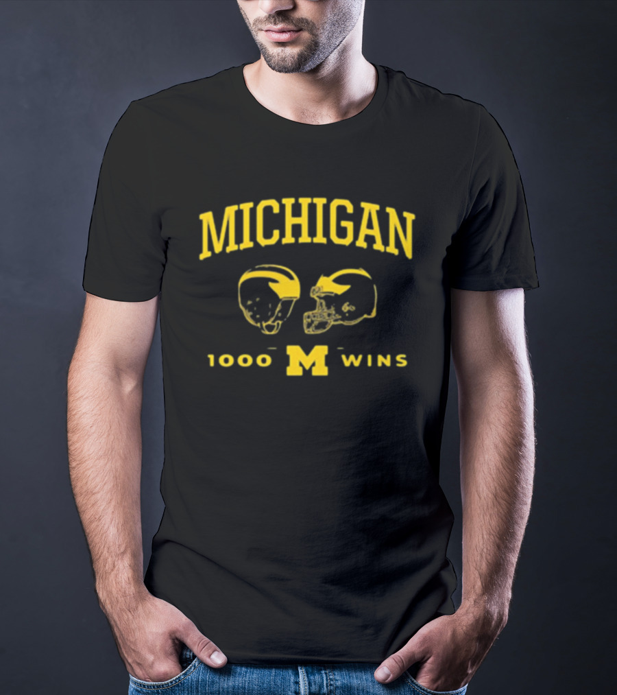 Michigan Wolverines Football 1000 Wins Celebration Dual Helmet T-Shirt