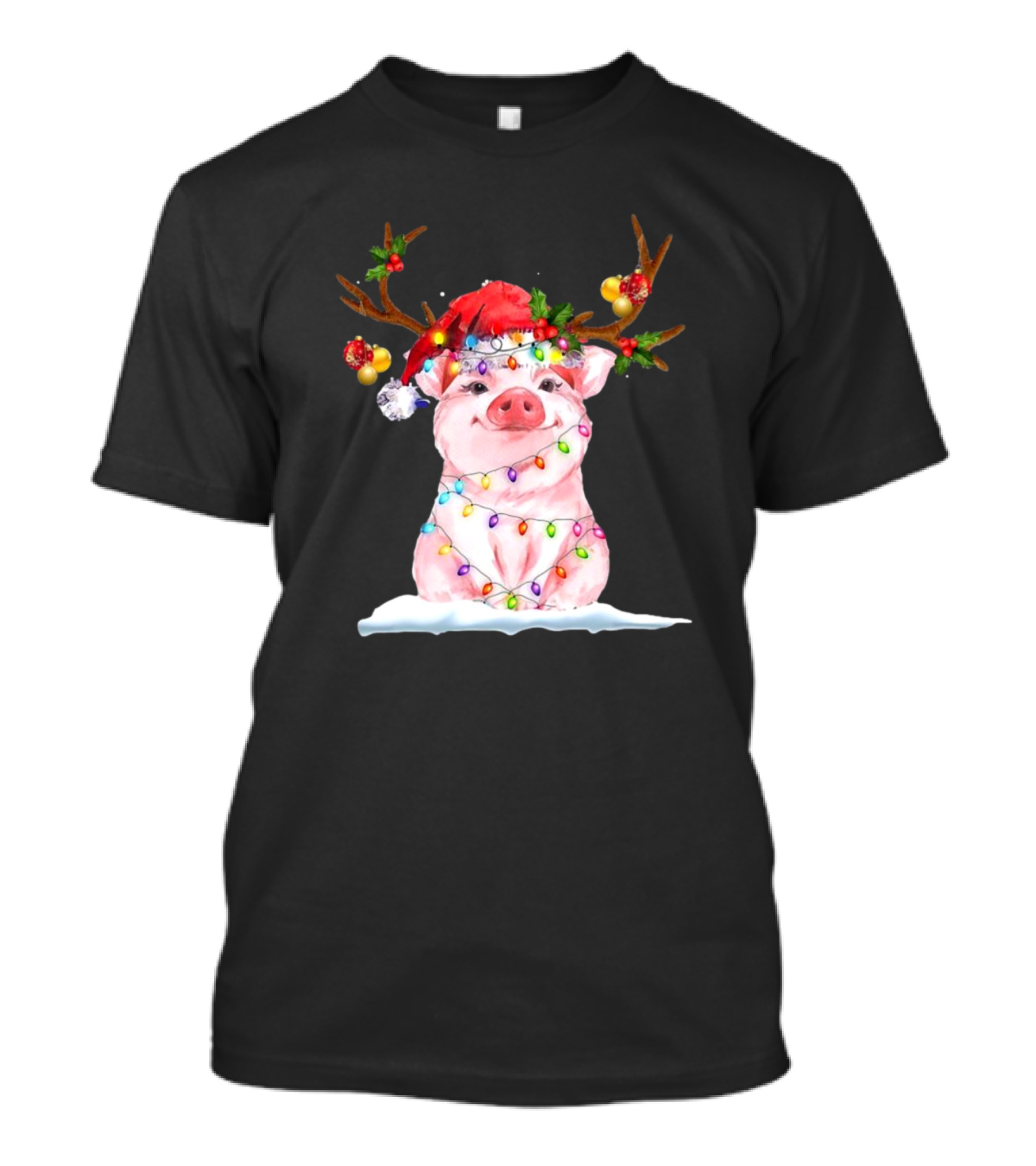 Pig Reindeer Antlers Santa Hat Christmas Lights T-Shirt