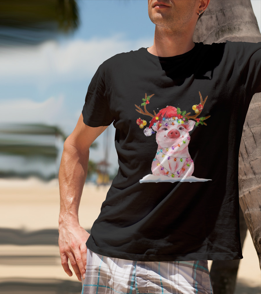 Pig Reindeer Antlers Santa Hat Christmas Lights T-Shirt