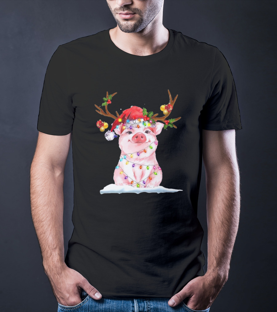 Pig Reindeer Antlers Santa Hat Christmas Lights T-Shirt