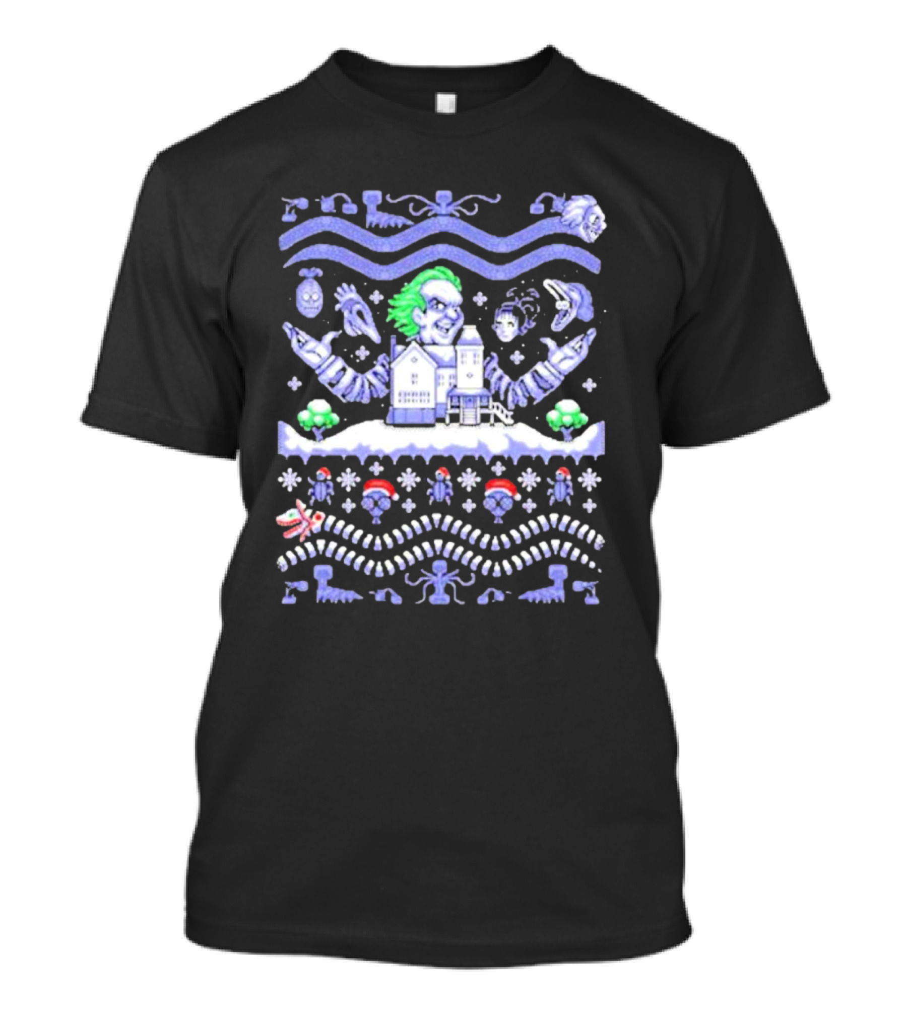 Christmas Beetlejuice Snowy House Scene And Ghostly Icons T-Shirt