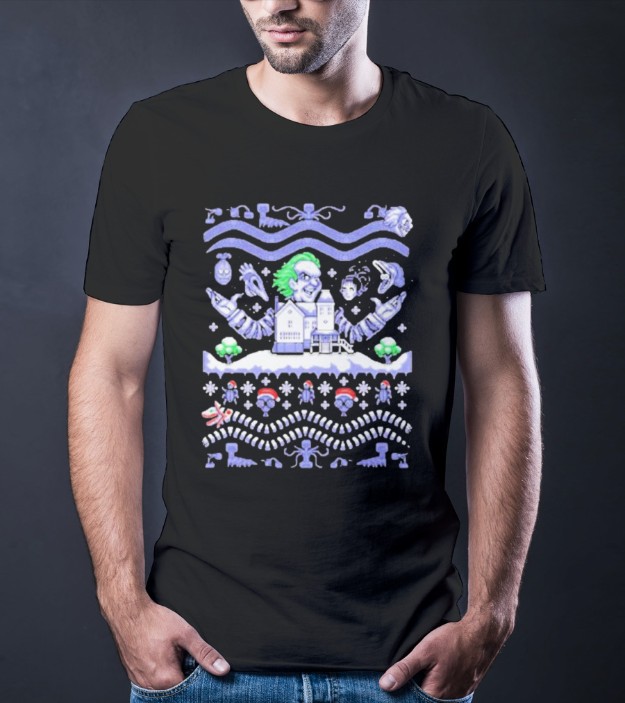 Christmas Beetlejuice Snowy House Scene And Ghostly Icons T-Shirt