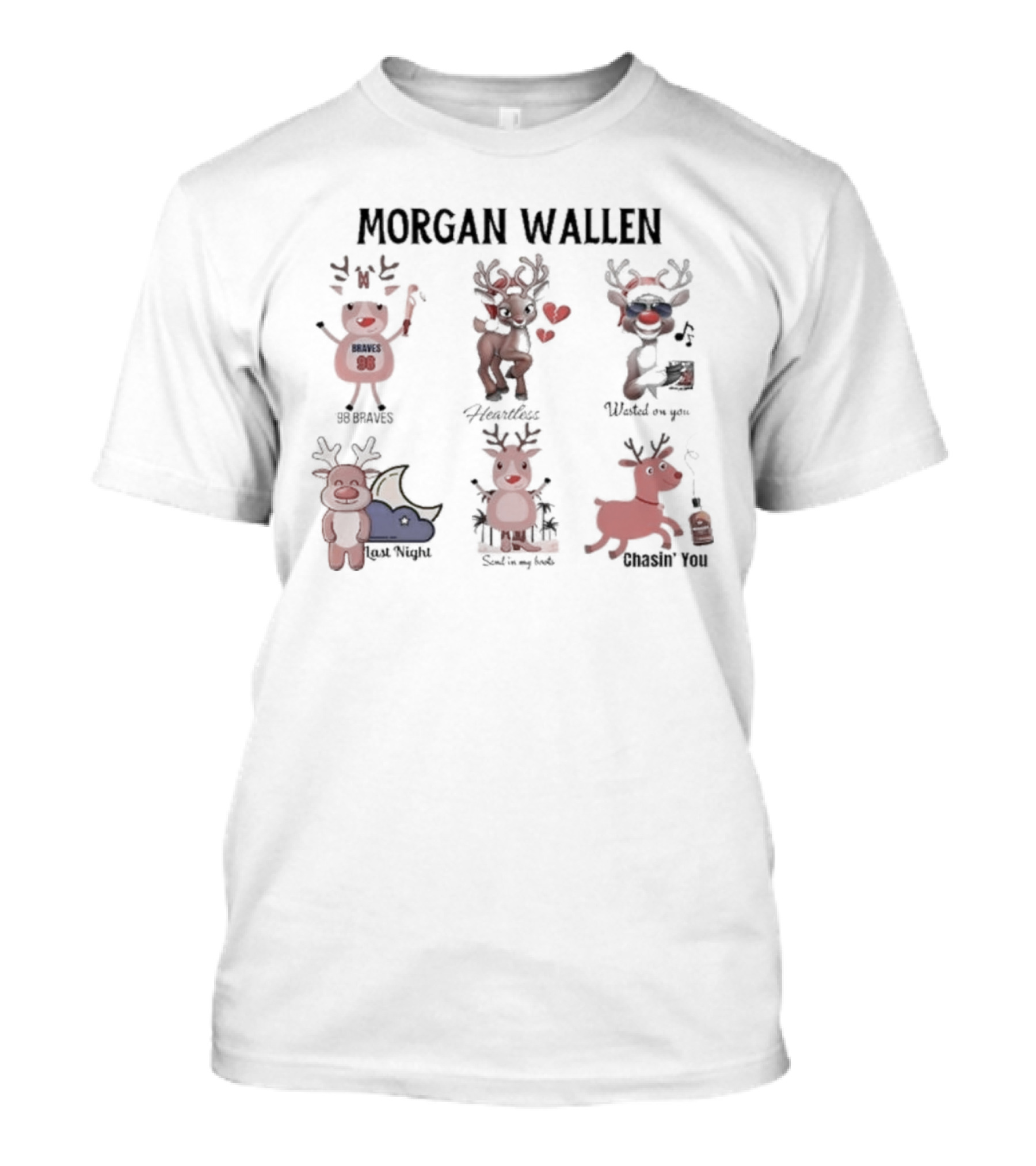 Morgan Wallen Reindeer Christmas Fan Songs 98 Braves Heartless Chasin' You T-Shirt