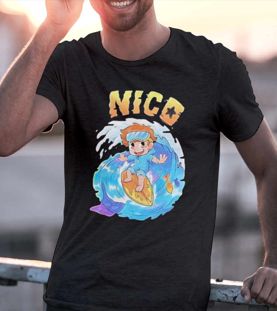 Nico Surfing In Ocean Wave Art With Cash And Nico Nico Starfish T-Shirt