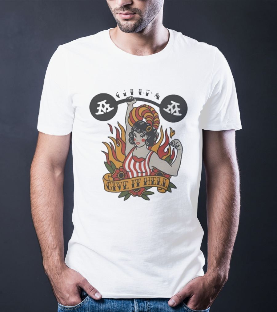 Get Up Give It Hell Retro Strongwoman Flames Barber Pole Haircurl Stripes Roses Boxing Gym Vintage T-Shirt