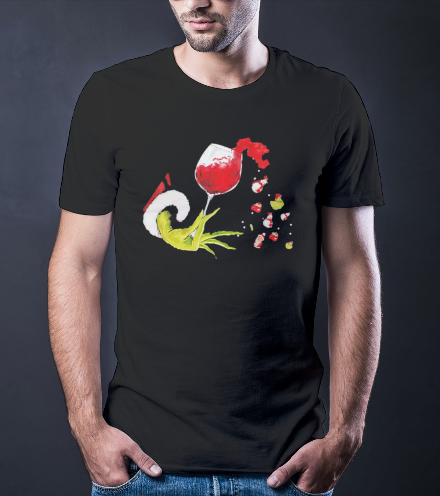 Grinch Hand Christmas Wine Glass Festive Holiday T-Shirt