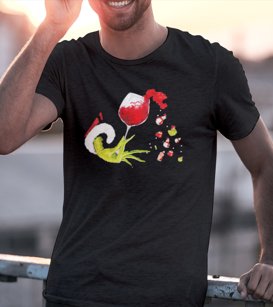 Grinch Hand Christmas Wine Glass Festive Holiday T-Shirt