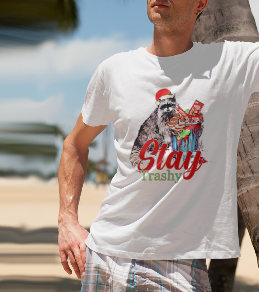 Stay Trashy Christmas Raccoon Xmas Lover With Santa Hat T-Shirt
