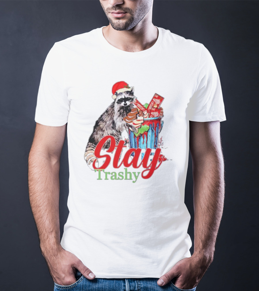 Stay Trashy Christmas Raccoon Xmas Lover With Santa Hat T-Shirt