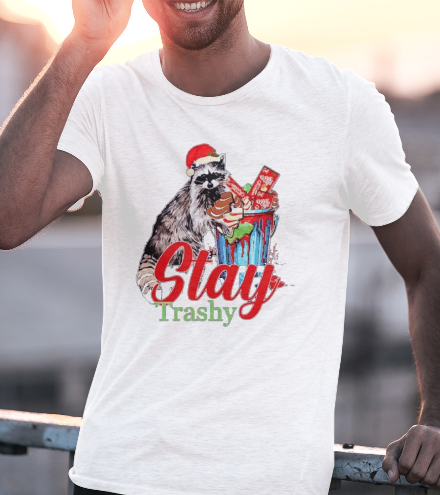 Stay Trashy Christmas Raccoon Xmas Lover With Santa Hat T-Shirt