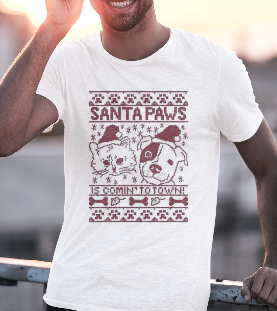 Santa Paws Cat And Dog Christmas Sweater Is Comin' To Town T-Shirt