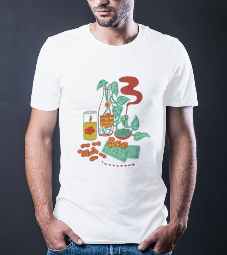 Quarenscene Natural Topo Chico Bottle With Dice, Peanuts, Dollar Bills, Glass, And Smoking Pipe Scene T-Shirt