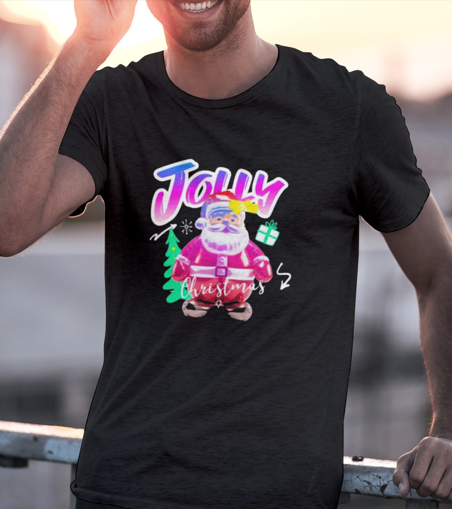 Jolly Merry Christmas Santa Balloon With Gift And Christmas Tree T-Shirt
