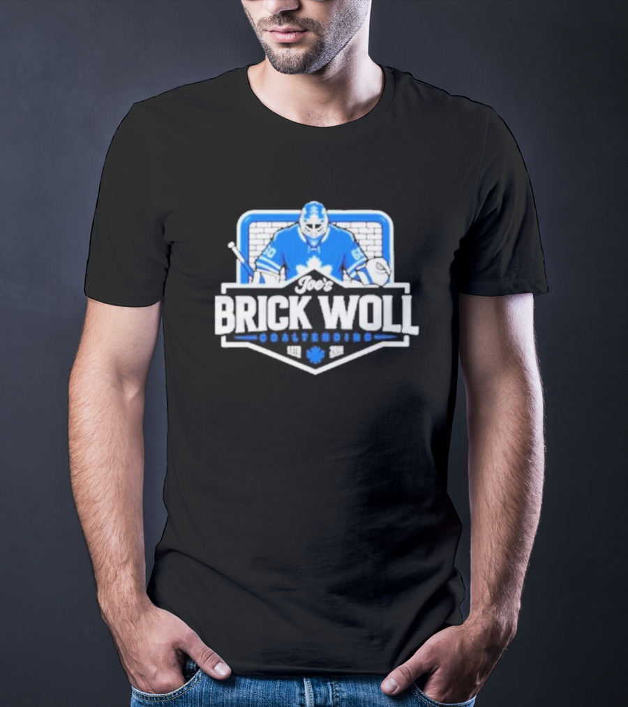 Joe's Brick Woll Goaltending Hockey Maple Leafs 60 Blue Goalie Blocking Net T-Shirt